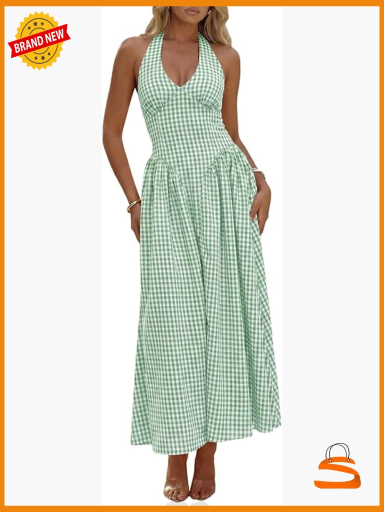 Womens Halter V Neck Corset Maxi Dress Summer Plaid Smocked Tie Back Wedding